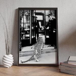 Retro Vintage Panther in Restaurant Print - Old Fashion Photography Canvas Wall Art Decor - Black and White Framed Trendy Leopard Jaguar