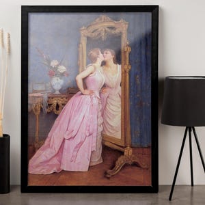Framed Canvas Woman Looking in Mirror  Vintage Wall Art  Woman Portrait  Antique Wall Decor  Fashion Wall Art Canvas