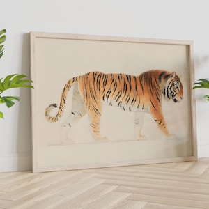 Arte de pared de tigre enmarcado, arte de pared vintage, impresión de tigre vintage, colores neutros apagados, arte de tigre que camina, lienzo listo para colgar