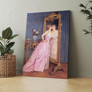 Framed Woman Looking in Mirror  Vintage Wall Art  Woman Portrait  Antique Wall Decor  Fashion Wall Art Canvas Ready To Hang