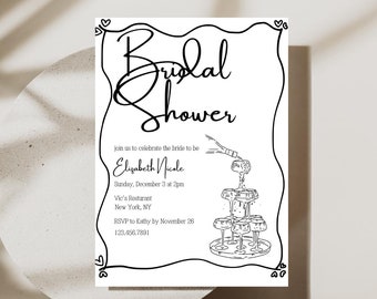 May include: Black and white bridal shower invitation with a champagne fountain illustration. The invitation reads "Bridal Shower" and includes the bride-to-be's name, date, time, location, and RSVP information.