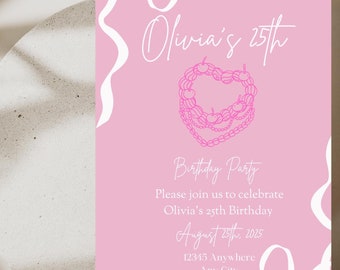 25th Birthday Invitation | Retro Birthday Invitation| Editable Template| Vintage Birthday Invite| Pink Birthday Invite| Customizable