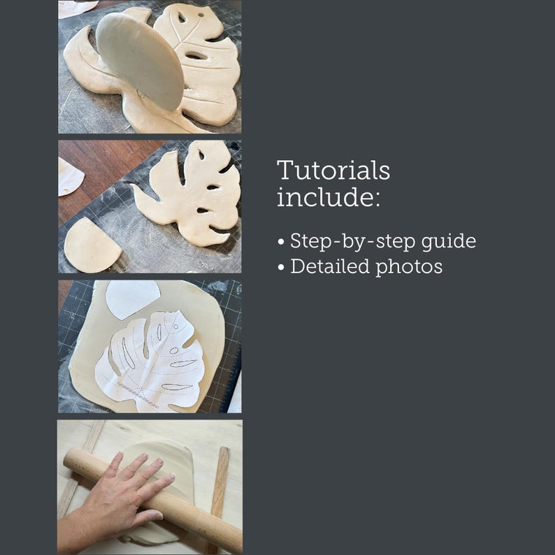 Puede incluir: Un tutorial paso a paso sobre la creaci&oacute;n de una hoja de Monstera con arcilla. La imagen muestra el proceso, incluyendo cortar, dar forma y enrollar la arcilla. El texto a la derecha dice: "Los tutoriales incluyen: Gu&iacute;a paso a paso, Fotos detalladas."