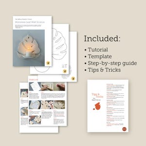 Puede incluir: Un tutorial para una l&aacute;mpara de pared de hoja de Monstera, que incluye una plantilla, una gu&iacute;a paso a paso y consejos. La imagen muestra una l&aacute;mpara terminada con una vela encendida, junto con instrucciones y una gu&iacute;a para la cer&aacute;mica de losa.