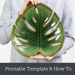 Può includere: Piatto da portata a forma di foglia in ceramica verde con bordo marrone. Il piatto ha una finitura lucida ed è tenuto da una persona che indossa una camicia azzurra. Il piatto è progettato per assomigliare a una foglia di monstera.
