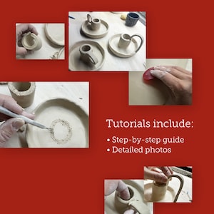 K&ouml;nnte beinhalten: Eine Collage von Bildern, die den Prozess der Herstellung von Keramikteilen zeigen. Die Bilder zeigen Nahaufnahmen von Tonbechern, Tellern und Werkzeugen. Der Text auf dem Bild lautet: "Tutorials include: Step-by-step guide, Detailed photos."