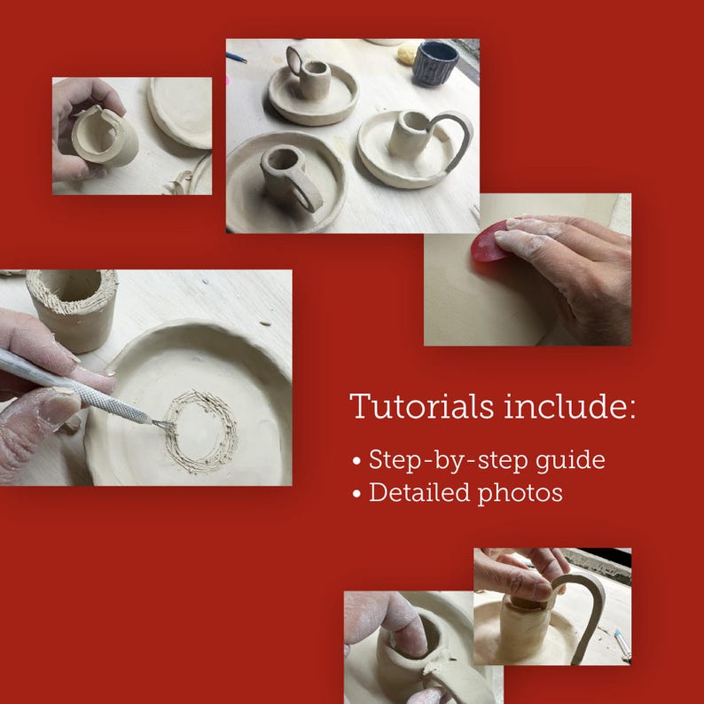 K&ouml;nnte beinhalten: Eine Collage von Bildern, die den Prozess der Herstellung von Keramikteilen zeigen. Die Bilder zeigen Nahaufnahmen von Tonbechern, Tellern und Werkzeugen. Der Text auf dem Bild lautet: "Tutorials include: Step-by-step guide, Detailed photos."