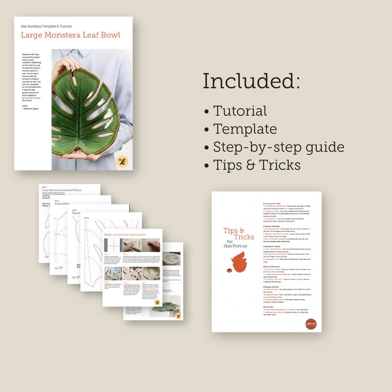 May include: A tutorial and template for a large Monstera leaf bowl. The image shows a green bowl, a step-by-step guide, and tips and tricks for slab pottery. The text on the image says "Large Monstera Leaf Bowl".