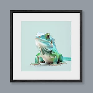 Lámina artística moderna de lagarto – Arte mural divertido para habitación infantil – Ilustración colorida de iguana – Con o sin marco –