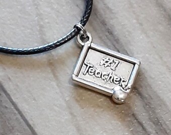 Teachers Bracelet - #1 Teachers Charm - Teachers Gift - Education Bracelet - Cord Bracelet - Black Bracelet - Favorite Teacher