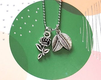 Rose Necklace - Rose Charm - Leaf Charm - Rose Jewelry - Flower Gift - Nature Jewelry - Floral Jewelry