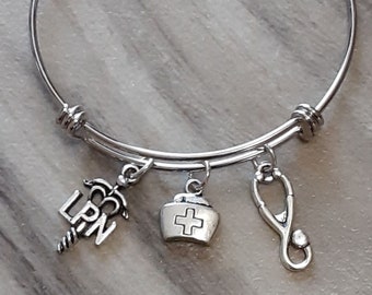 Nurse Themed Bangle - LPN Charm Bracelet - Nurses Bracelet - Caduceus Symbol - LPN Bangle - Medical Charms -  Nurses Gift