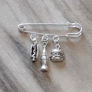 Fast Food Charm Pin: Hotdog, Hamburger & Soda - Silver Plated