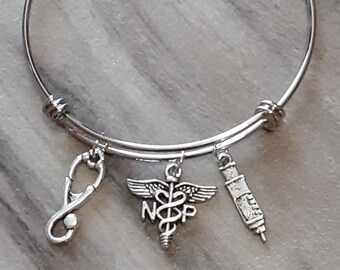 Nurse Themed Bangle - NP Charm Bracelet - Nurses Bracelet - Caduceus Symbol - NP Bangle - Medical Charms - Nurses Gift