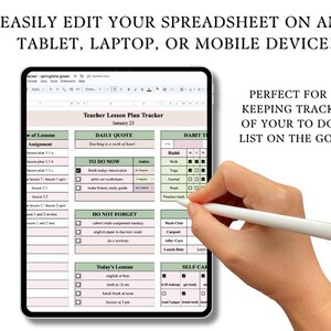 May include: A digital teacher lesson plan tracker on a tablet screen. The tracker includes sections for daily quote, to do now, do not forget, today's lessons, habit tracker, and self care. The tracker is designed to help teachers organize their lessons and track their progress.