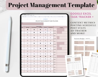 May include: A digital project management template for Google Excel. The template includes a task tracker, content metrics, posting schedule, post stats, ad tracker, and a business budget. The template is displayed on a tablet screen.