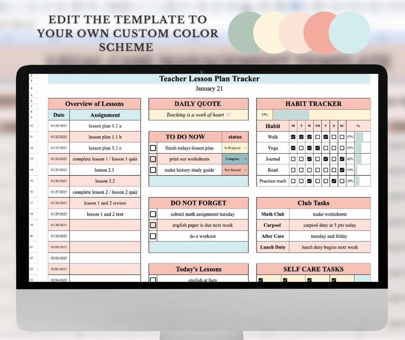 May include: A digital planner template for teachers with a pink, blue, and green color scheme. The template includes sections for daily quotes, to-do lists, habit trackers, club tasks, and self-care tasks. The text "Teacher Lesson Plan Tracker" is at the top of the template.