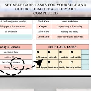 May include: A printable checklist with a pink and blue color scheme. The checklist is divided into two sections: "Today's Lessons" and "Self Care Tasks". The "Today's Lessons" section lists "English at 8am", "Math at 10am", "Lunch Break at Noon", and "History at 3pm". The "Self Care Tasks" section lists "6:30 Wakeup", "Get Ready", "Meditate", "Walk Outside", "Read 5 Pages", "Brush Teeth", "Healthy Food", and "Early Bedtime".