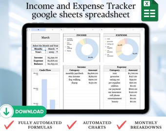 May include: A screenshot of a Google Sheets spreadsheet designed to track income and expenses. The spreadsheet includes a chart showing income and expenses for the month of March 2025. The spreadsheet also includes a table listing income and expense categories and amounts.