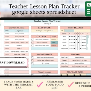 Op de afbeelding: Een digitale printbare docentenlesplan-tracker-spreadsheet voor Google Sheets. De spreadsheet bevat secties voor dagelijkse quote, te doen nu, niet vergeten, lessen van vandaag, gewoontetracker, clubtaken en taken voor zelfzorg. De spreadsheet is ontworpen om docenten te helpen hun lessen te organiseren en hun voortgang bij te houden.