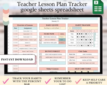 Teacher Lesson Plan Tracker, Teacher Assignment Task Spreadsheet, Google Sheets Lesson Planner and Tracker for Teachers