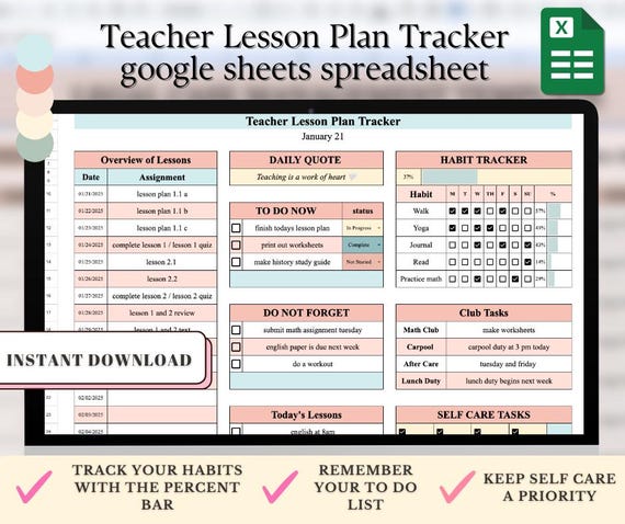 Teacher Lesson Plan Tracker, Teacher Assignment Task Spreadsheet, Google Sheets Lesson Planner and Tracker for Teachers