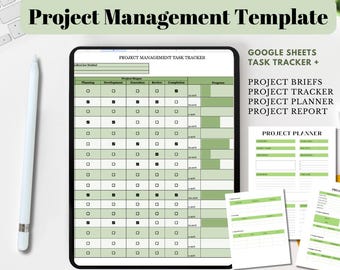 May include: A green and white project management template for Google Sheets. The template includes a task tracker, project briefs, project planner, and project report.
