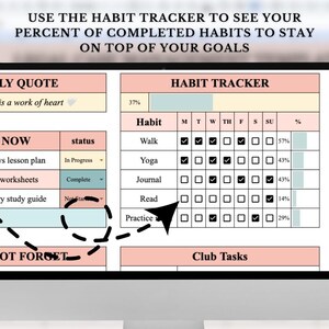 May include: A printable habit tracker with a pink and white color scheme. The tracker includes a section for daily quotes, a to-do list, and a habit tracker with checkboxes for each day of the week. The tracker also includes a section for club tasks.
