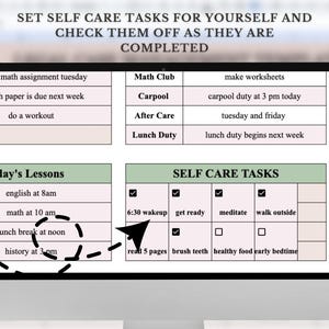 May include: A printable checklist with a green header that says "Self Care Tasks". The checklist has checkboxes for tasks like "6:30 wakeup", "get ready", "meditate", "walk outside", "read 5 pages", "brush teeth", "healthy food", and "early bedtime".