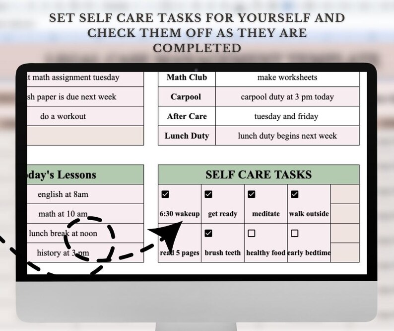 May include: A printable checklist with a green header that says "Self Care Tasks". The checklist has checkboxes for tasks like "6:30 wakeup", "get ready", "meditate", "walk outside", "read 5 pages", "brush teeth", "healthy food", and "early bedtime".