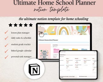 May include: A computer screen displaying a Notion template for homeschooling. The template includes features like lesson plan management, daily task scheduling, student grade tracking, a linked Google calendar, and a personal task manager. The screen is decorated with a colorful illustration of a rainbow, a globe, and a clock.