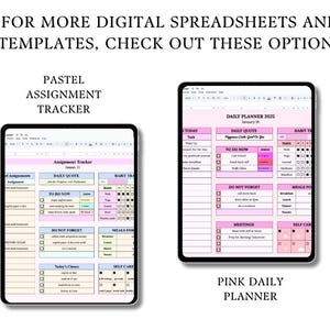 May include: Two digital planner templates displayed on tablet screens. The left template is a pastel colored assignment tracker with sections for daily quote, to do now, do not forget, meals for, and self care. The right template is a pink daily planner with sections for today, daily quote, to do now, do not forget, meals for, meetings, and self care.