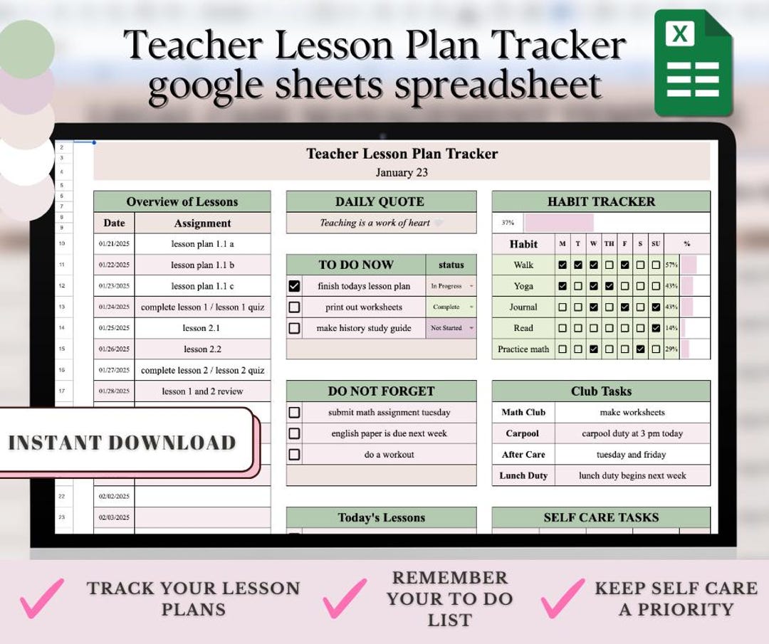 Teacher Lesson Plan Tracker, Teacher Assignment Task Spreadsheet, Google Sheets Lesson Planner ...