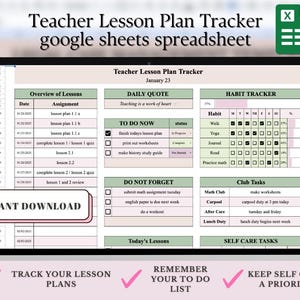 Könnte beinhalten: Ein grüner und weißer druckbarer Lehrer-Unterrichtsplan-Tracker für Google Sheets. Der Tracker enthält Abschnitte für das Zitat des Tages, die To-Do-Liste, nicht vergessen, Habit Tracker, Club-Aufgaben, Selbstpflege-Aufgaben und einen Abschnitt zum Verfolgen von Lektionen. Der Text "Sofortiger Download" befindet sich in einem rosa Rechteck unten links im Bild.