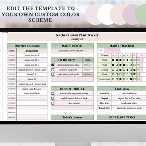 May include: A digital planner template for teachers, with sections for daily lessons, to-do lists, habit tracking, and club tasks. The template is customizable with different colors.