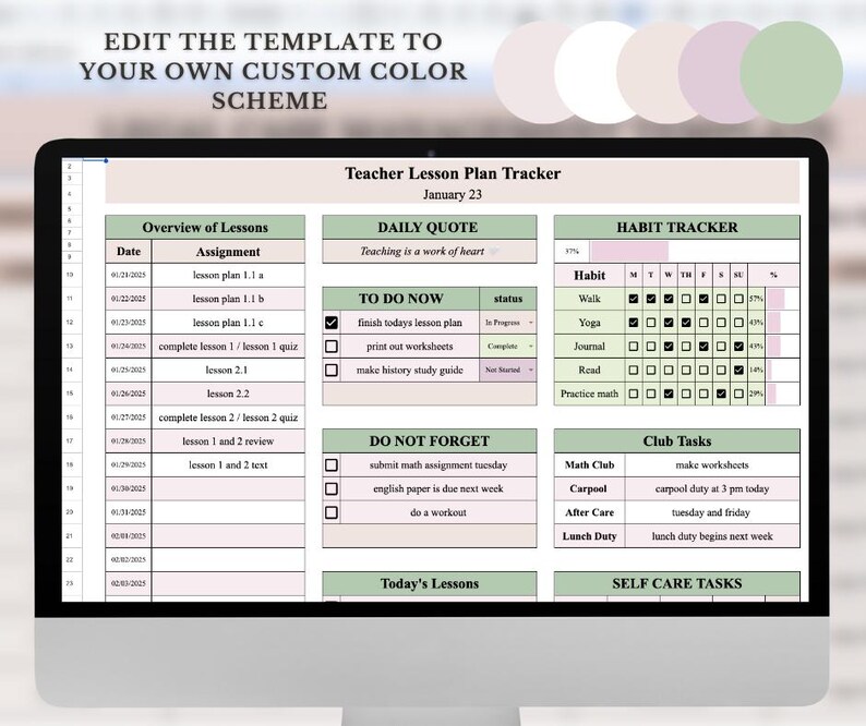 May include: A digital planner template for teachers, with sections for daily lessons, to-do lists, habit tracking, and club tasks. The template is customizable with different colors.