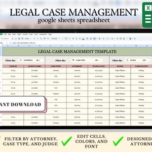 May include: A Google Sheets spreadsheet template for legal case management. The template includes columns for case ID, client name, case type, attorney, filing date, judge, and case status. The spreadsheet is designed for lawyers and can be filtered by attorney, case type, and judge.