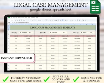 Legal Case Management Template | Google Sheets Project Management Tracker for Lawyers | Task & Deadline Tracker | Legal Case Organizer