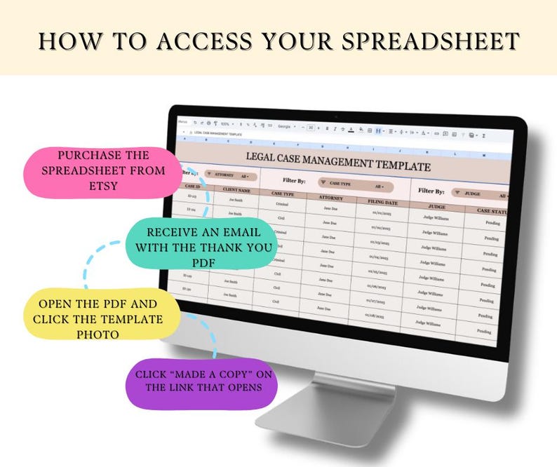to access your spreadsheet, purchase the template from etsy, receive an email with the thank you PDF, open the PDF and click the template photo, click "make a copy" on the link that opens