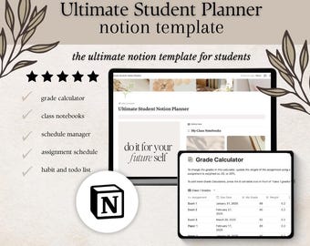 Könnte beinhalten: Eine digitale Studentenplaner-Vorlage, die auf einem Tablet und einem kleineren Gerät angezeigt wird. Der Text lautet "Ultimate Student Planner notion template" und "do it for your future self". Zu den Funktionen gehören ein Notenrechner, Klassennotizbücher und ein Stundenplaner.