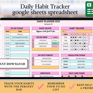 2025 Habit Tracker Tabelle Vorlage für Google Sheets, Produktivitätsplaner Tabelle, täglicher Habit Tracker für ADHS, Ziel-Tracker