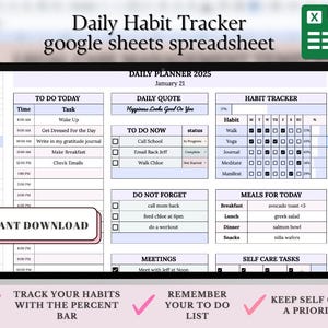 2025 Habit Tracker Tabelle Vorlage für Google Sheets, Produktivitätsplaner Tabelle, täglicher Habit Tracker für ADHS, Ziel-Tracker