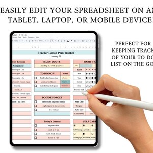 May include: A digital teacher lesson plan tracker on a tablet screen. The tracker includes sections for daily quote, to do now, do not forget, today's lessons, habit tracker, and self care. The tracker is designed to help teachers organize their lessons and track their progress.