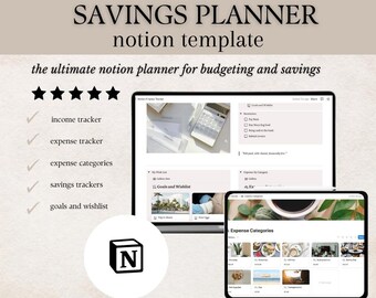 May include: A digital savings planner template for Notion, displayed on a laptop and tablet. The image includes the text "SAVINGS PLANNER notion template" and features sections for income, expenses, and savings tracking. A circular logo with the letter "N" is also visible.