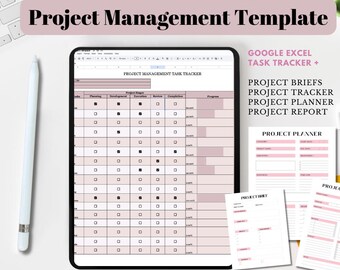 Puede incluir: Una plantilla de gestión de proyectos digital con un esquema de color rosa y blanco. La plantilla incluye secciones para la planificación, el desarrollo, la ejecución, la revisión y la finalización. La plantilla está diseñada para ser utilizada con Google Excel y Task Tracker.