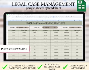 Legal Case Management Template | Google Sheets Project Management Tracker for Lawyers | Task & Deadline Tracker | Legal Case Organizer