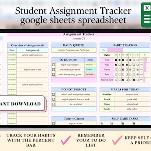 Academic Student Planner Spreadsheet | School Assignment Tracker | Google Sheets Template | College & University Study Tracker