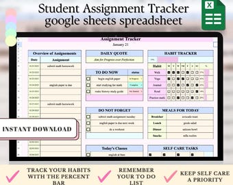 Feuille de calcul de planification des étudiants universitaires | Suivi des devoirs scolaires | Modèle Google Sheets | Suivi des études collégiales et universitaires