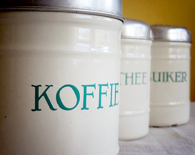 Vintage Enamelware Canister Set Dutch in Cream With Green Etsy