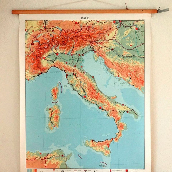 vintage wall chart, Dutch educational poster with map of Italy